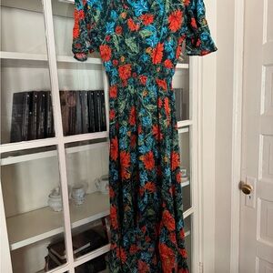 🛑 SOLD 🛑 Red and Blue Ruffled Maxi Dress with Flutter Sleeves for Wedding Guest